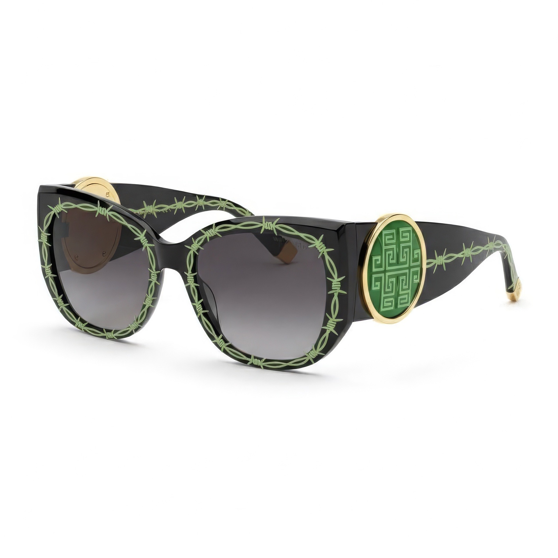 Barbwire Meander shades — cat-eye acetate, emerald monogram medallion, 24k gold-tone plating.
