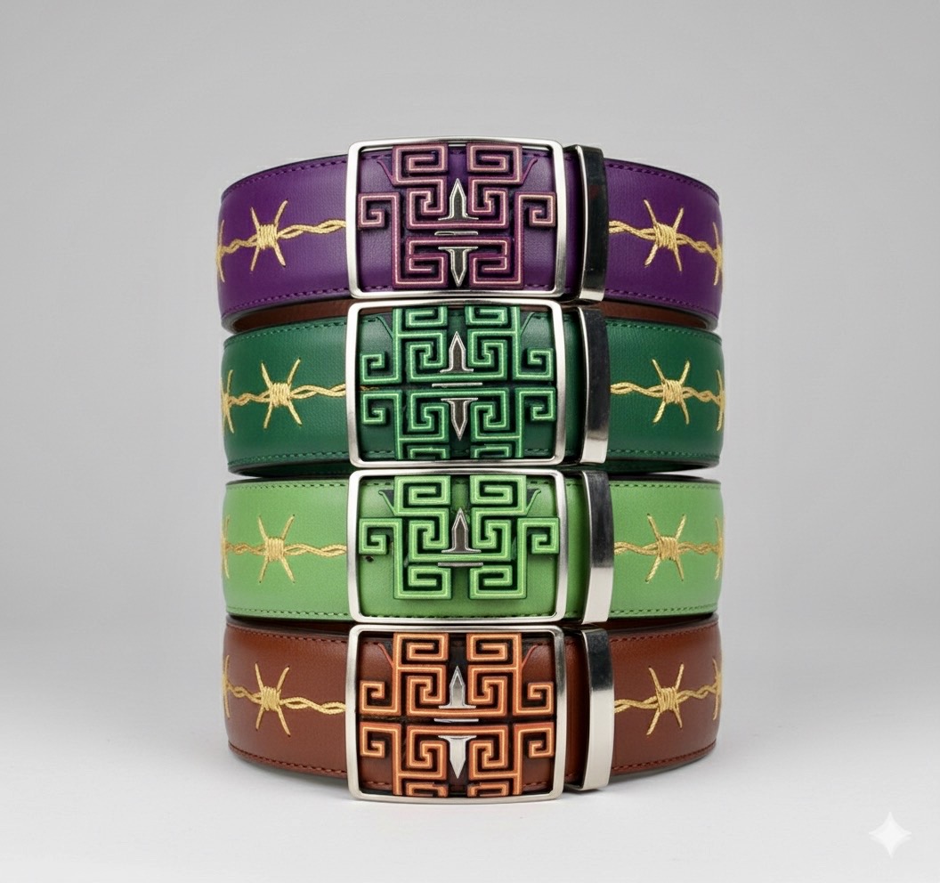 The Barbwire Meander belt collection — purple, emerald, sage, cognac. Hand-finished hardware.