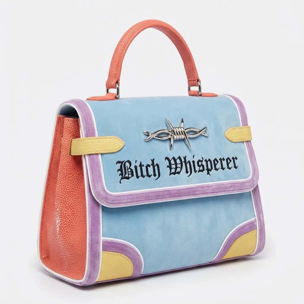 Bitch Whisperer top-handle bag — pastel colorblock stingray, silver barbwire clasp.