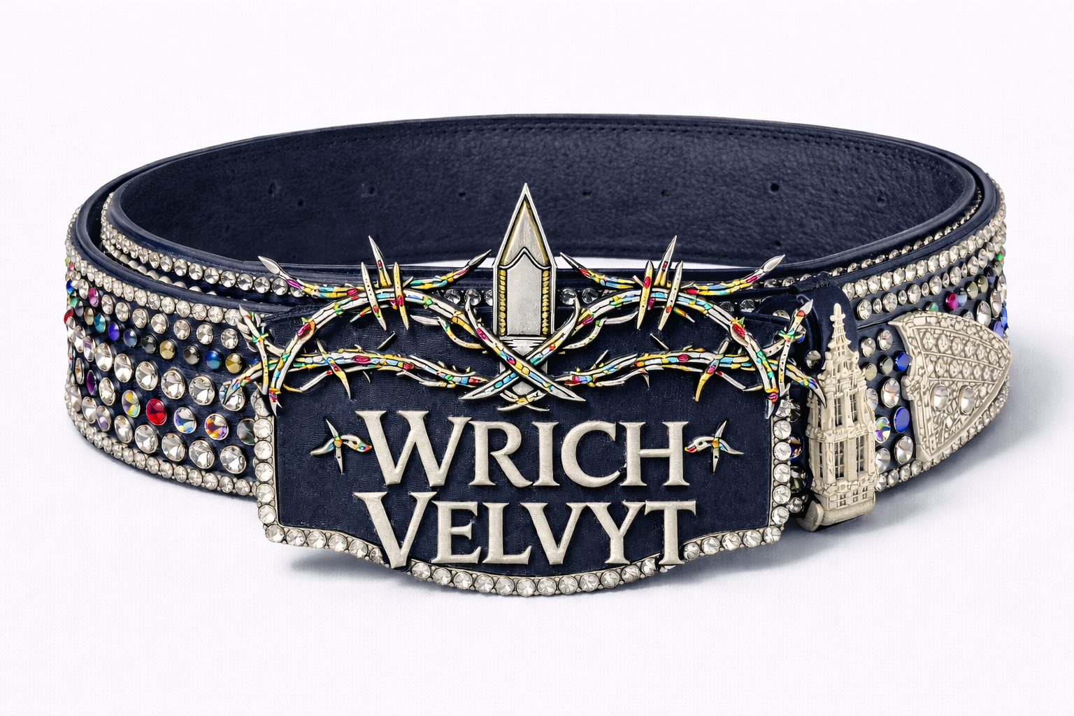 WRICH VELVYT crystal-encrusted belt — navy leather, iridescent stones, thorn-crown crest.